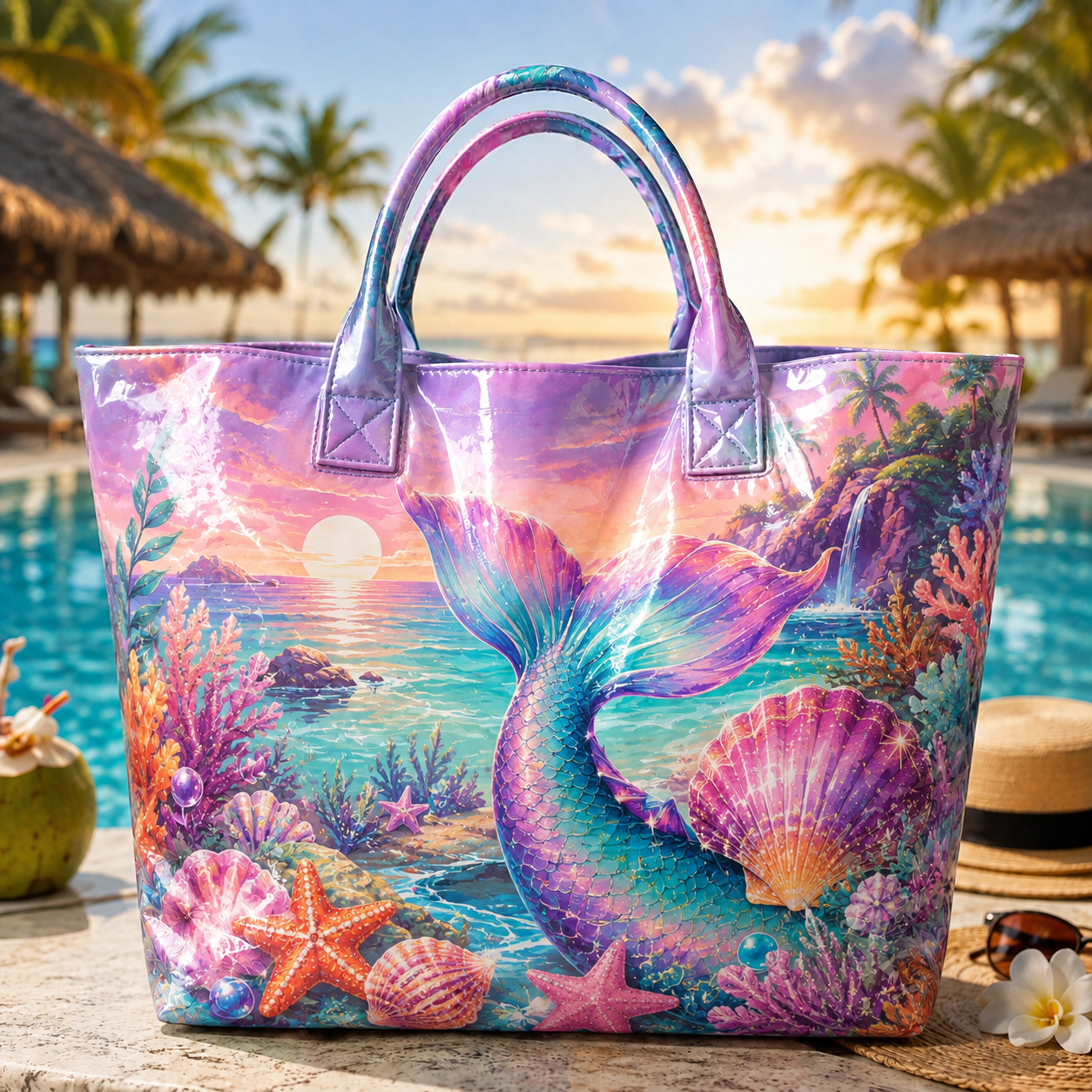 Mermaid Seashell Ocean PVC Beach Tote Bag