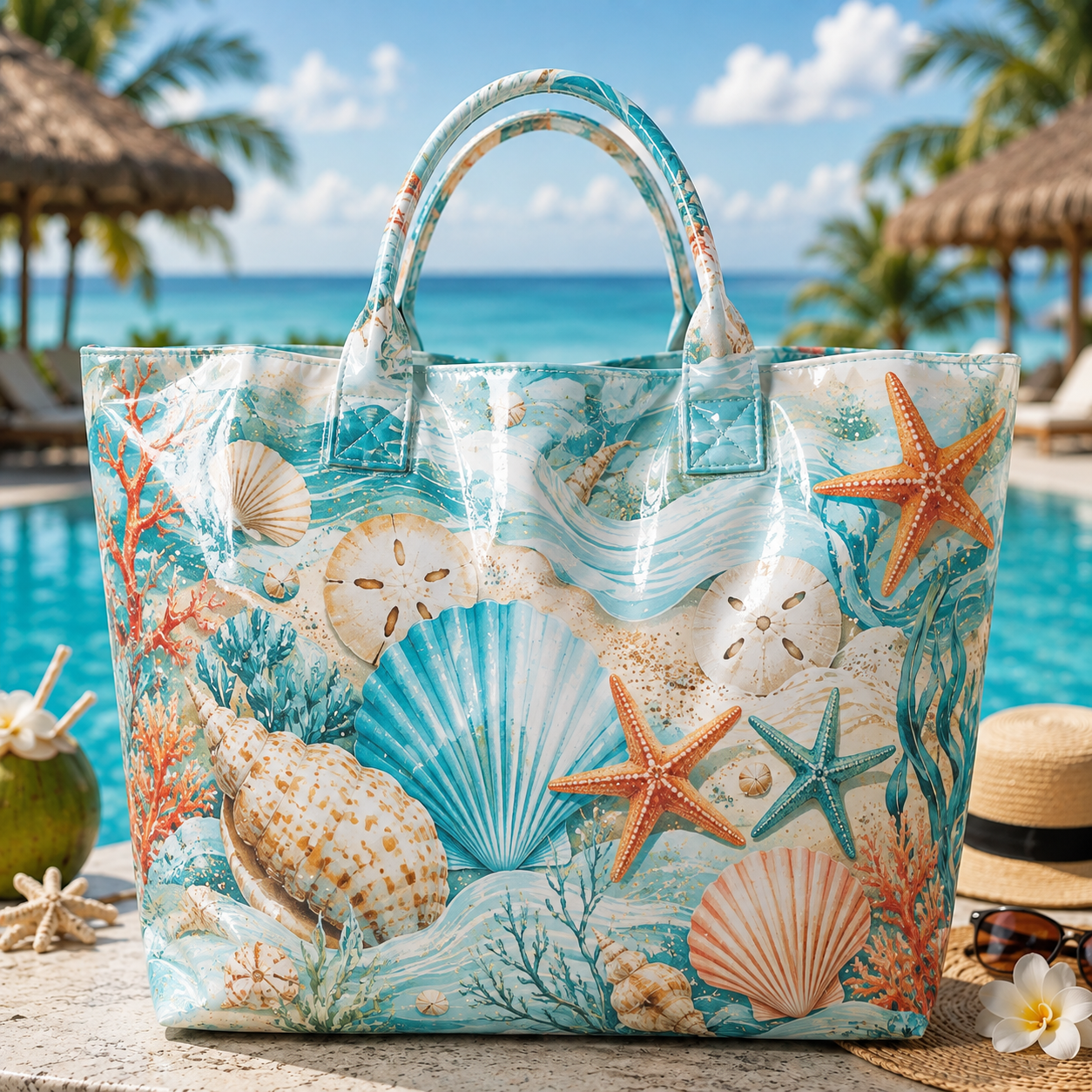 Seashell Starfish Coastal PVC Beach Tote Bag