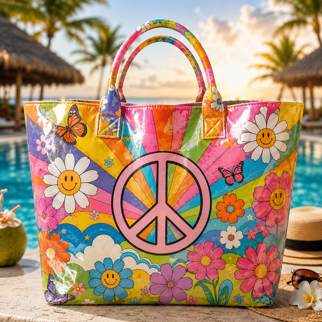 Hippie Peace Flower Colorful PVC Beach Tote Bag