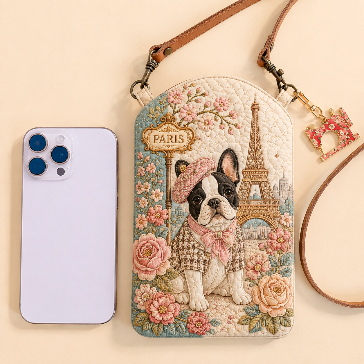 Paris French Bulldog Quilted Slim Phone Crossbody Bag