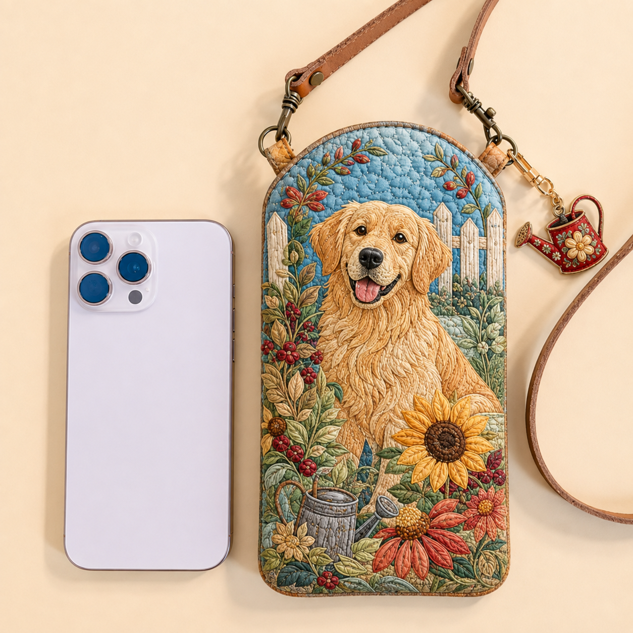 Golden Retriever Garden Floral Quilted Slim Phone Crossbody Bag