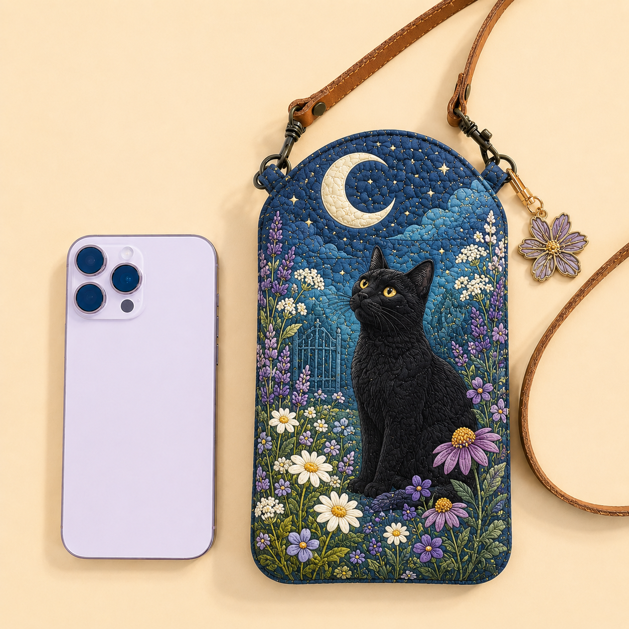 Black Cat Moon Night Floral Quilted Slim Phone Crossbody Bag