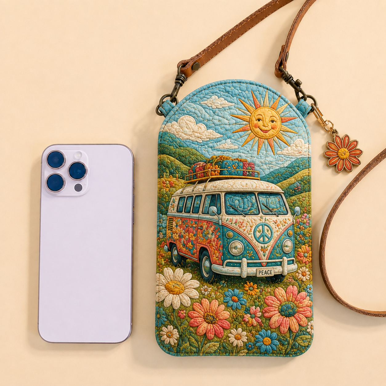 Hippie Van Sun Flower Field Quilted Slim Phone Crossbody Bag