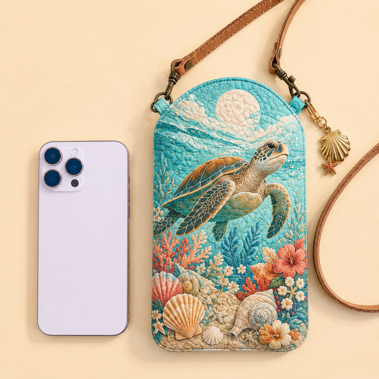 Sea Turtle Ocean Shell Quilted Slim Phone Crossbody Bag