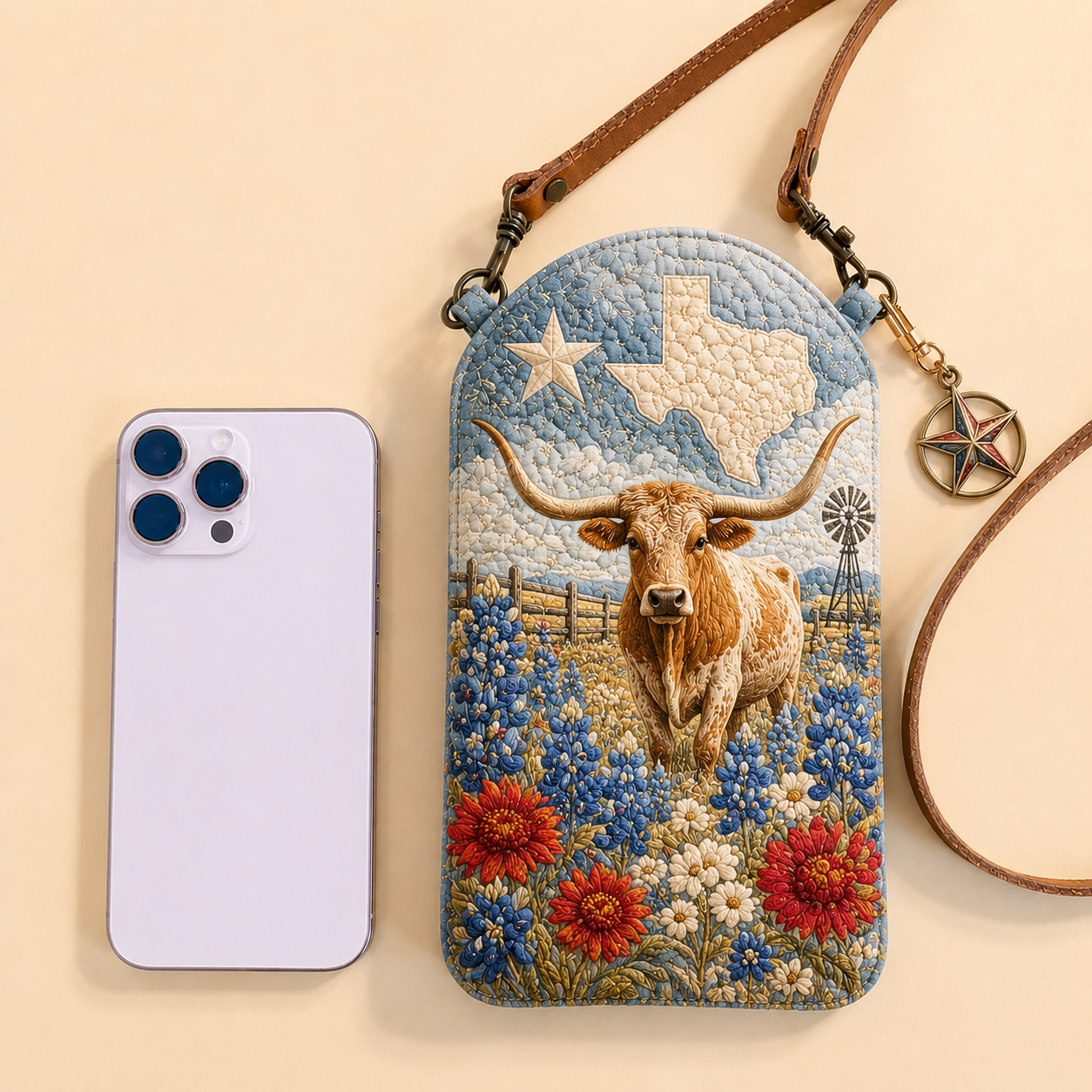Texas Longhorn Wildflower Quilted Slim Phone Crossbody Bag