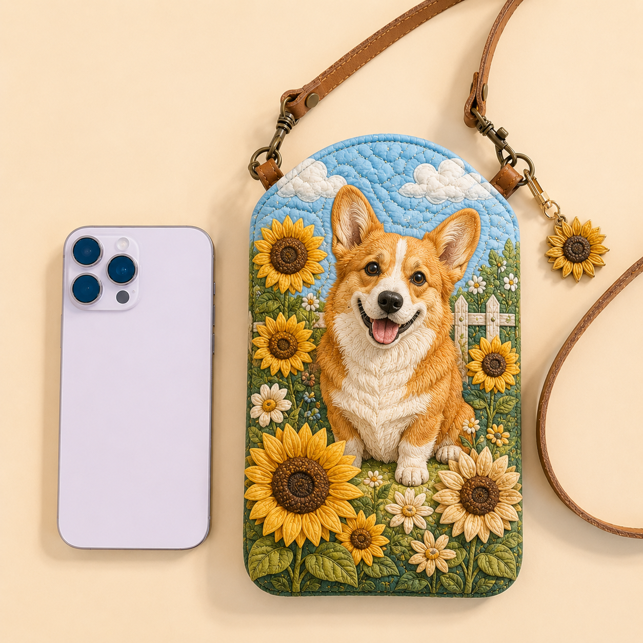 Corgi Sunflower Garden Quilted Slim Phone Crossbody Bag