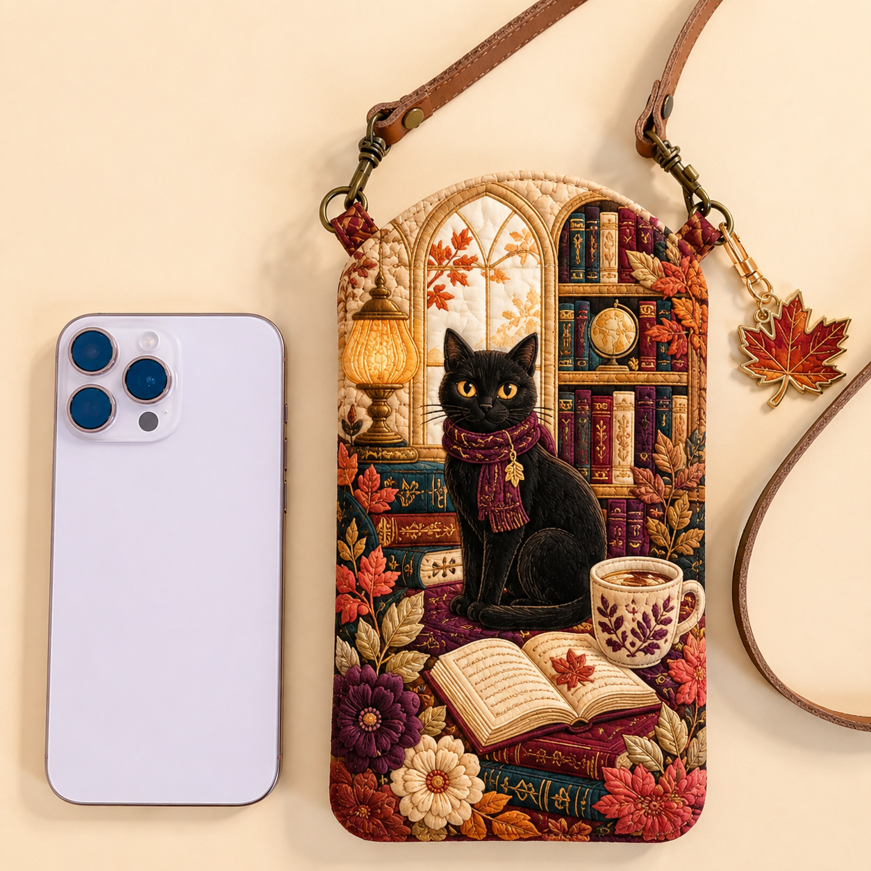 Bookish Black Cat Autumn Quilted Slim Phone Crossbody Bag