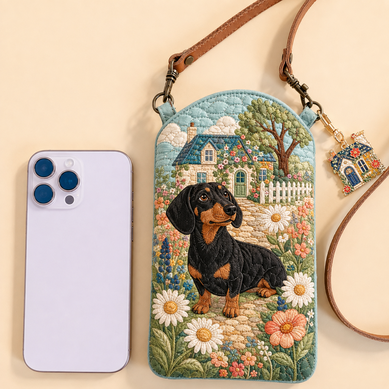 Dachshund Cottage Garden Quilted Slim Phone Crossbody Bag