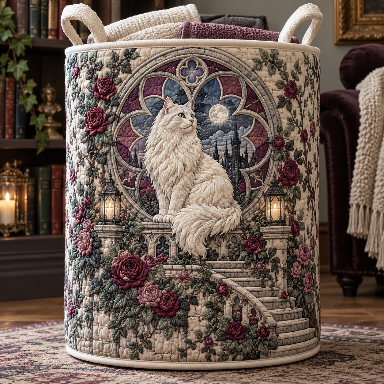 Gothic White Cat Rose Garden Quilted Laundry Basket