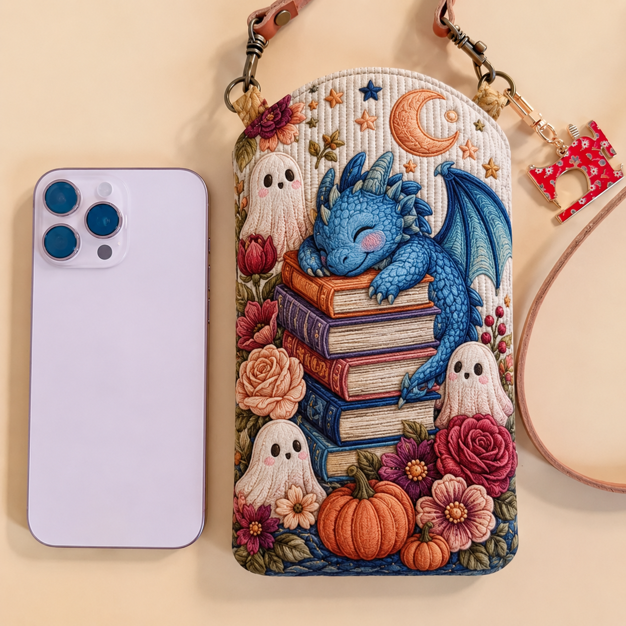 Sleepy Blue Dragon Book Stack Quilted Slim Phone Crossbody Bag