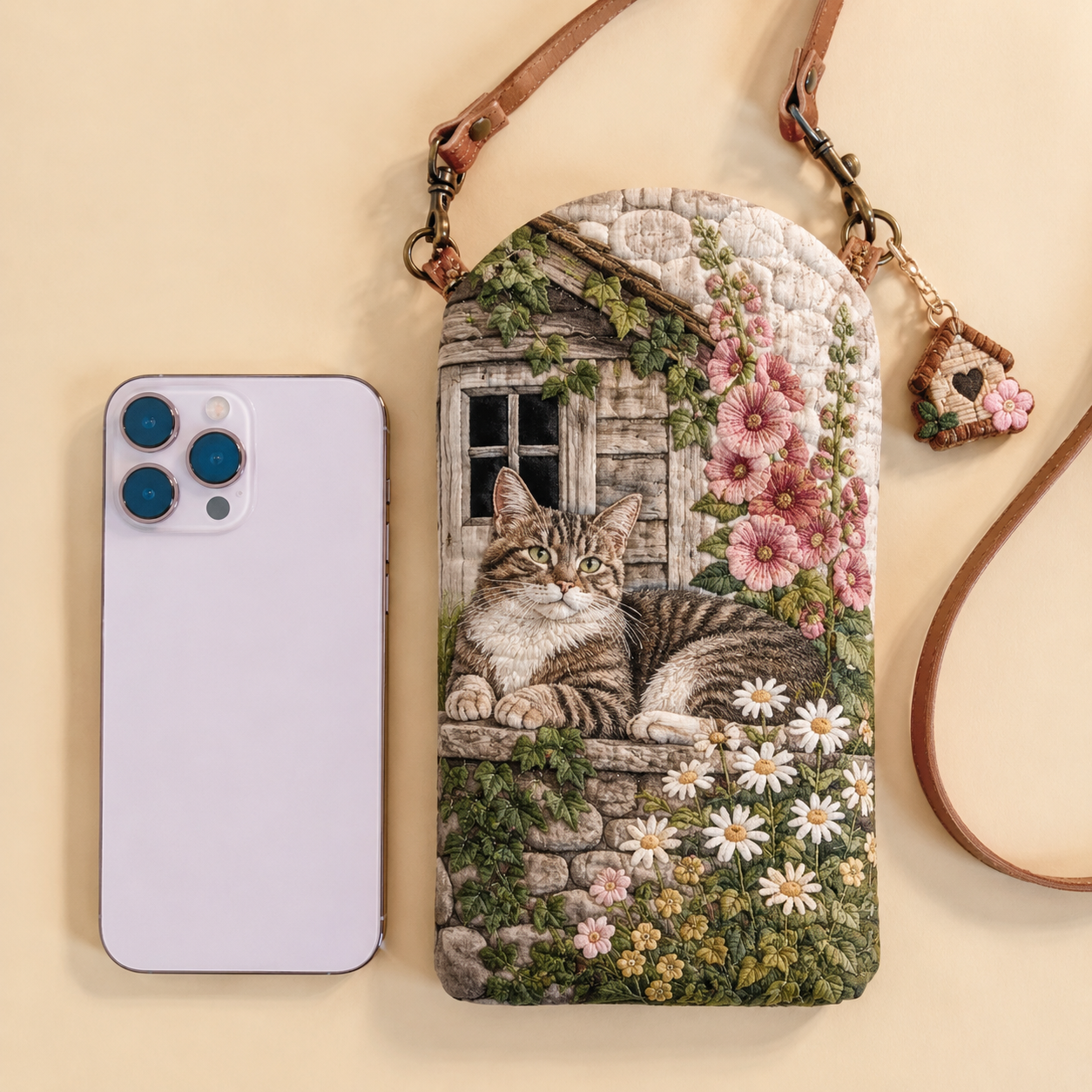 Cottage Cat Garden Ivy Quilted Slim Phone Crossbody Bag