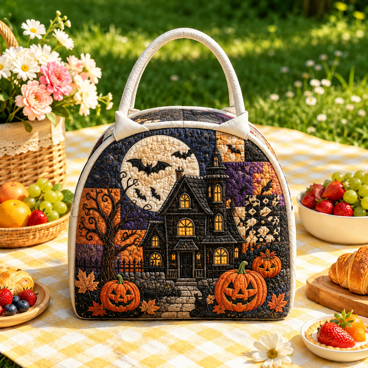 Haunted House & Full Moon Quilted Lunch Bag