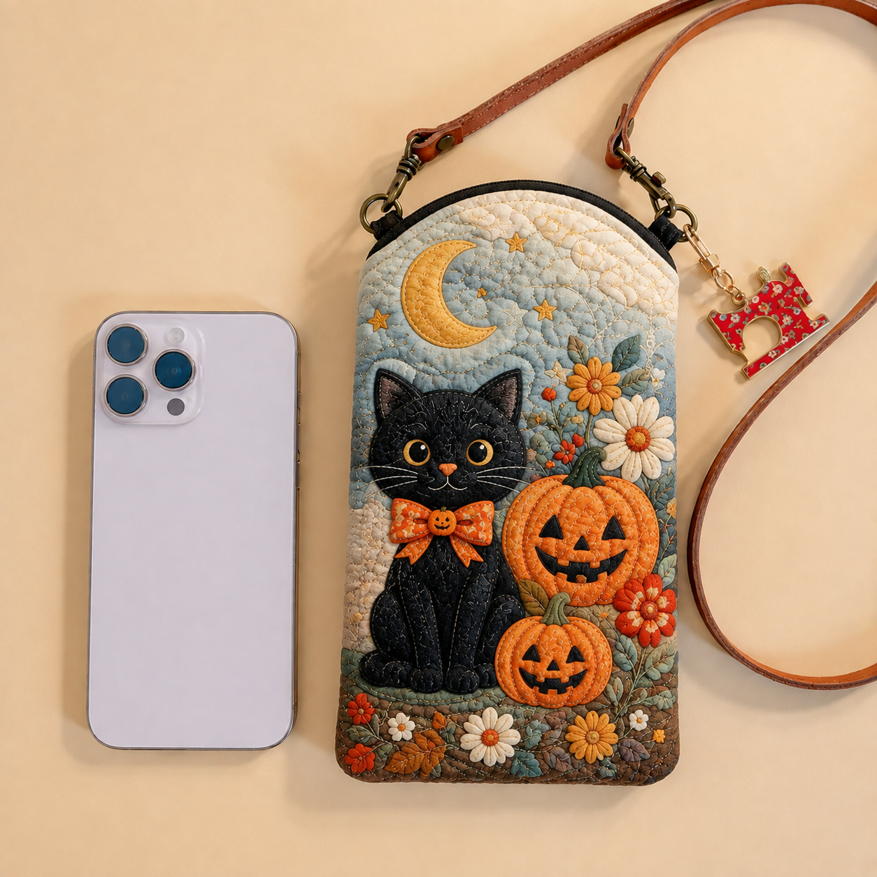 Black Cat Pumpkin Garden Quilted Slim Phone Crossbody Bag