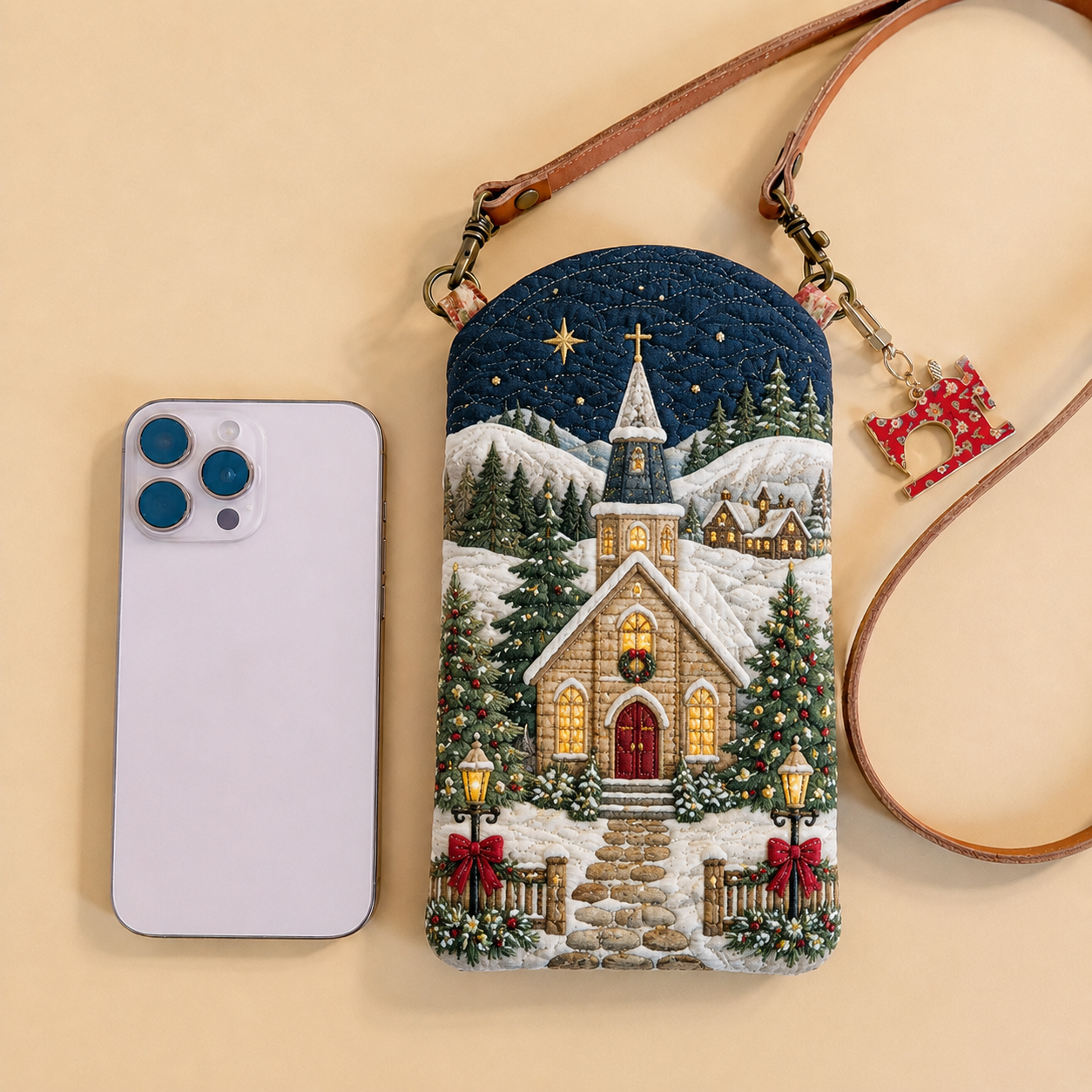 Snowy Christmas Chapel Quilted Slim Phone Crossbody Bag