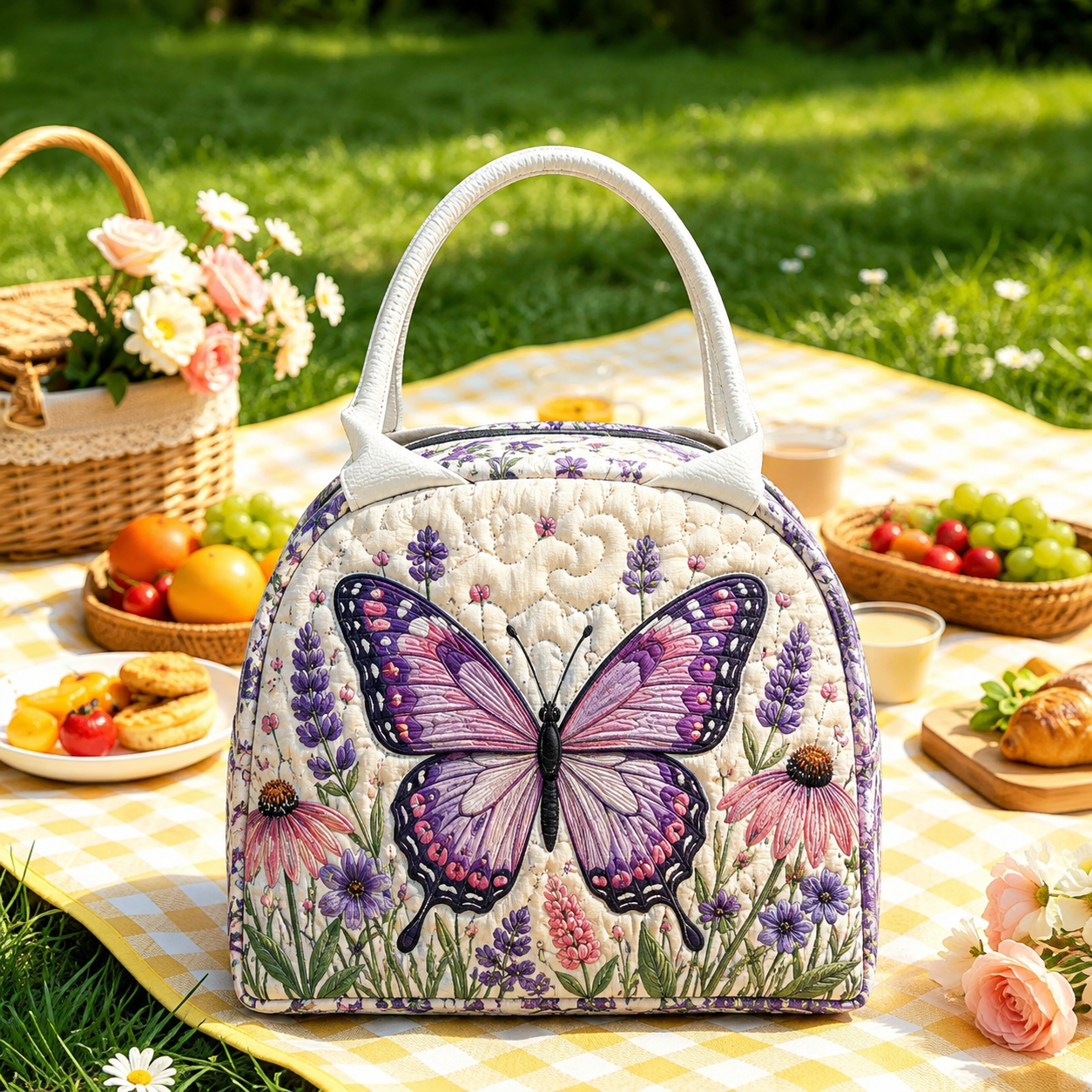 Purple Floral Butterfly Quilted Lunch Bag