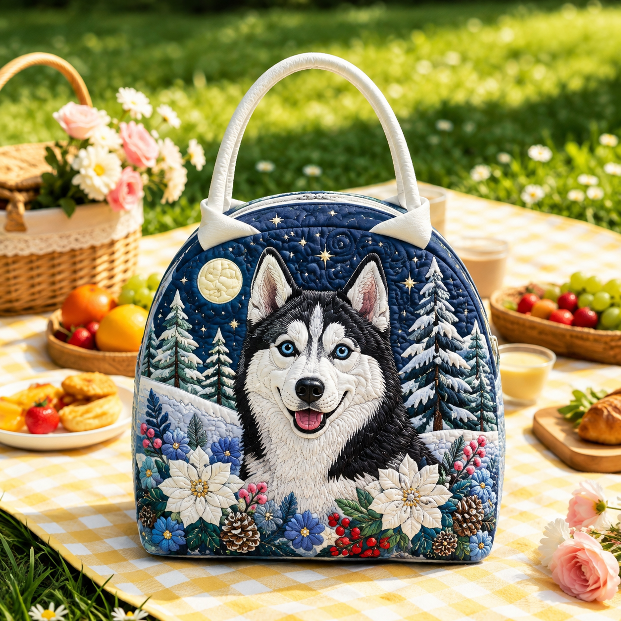Snowy Night Husky Quilted Lunch Bag