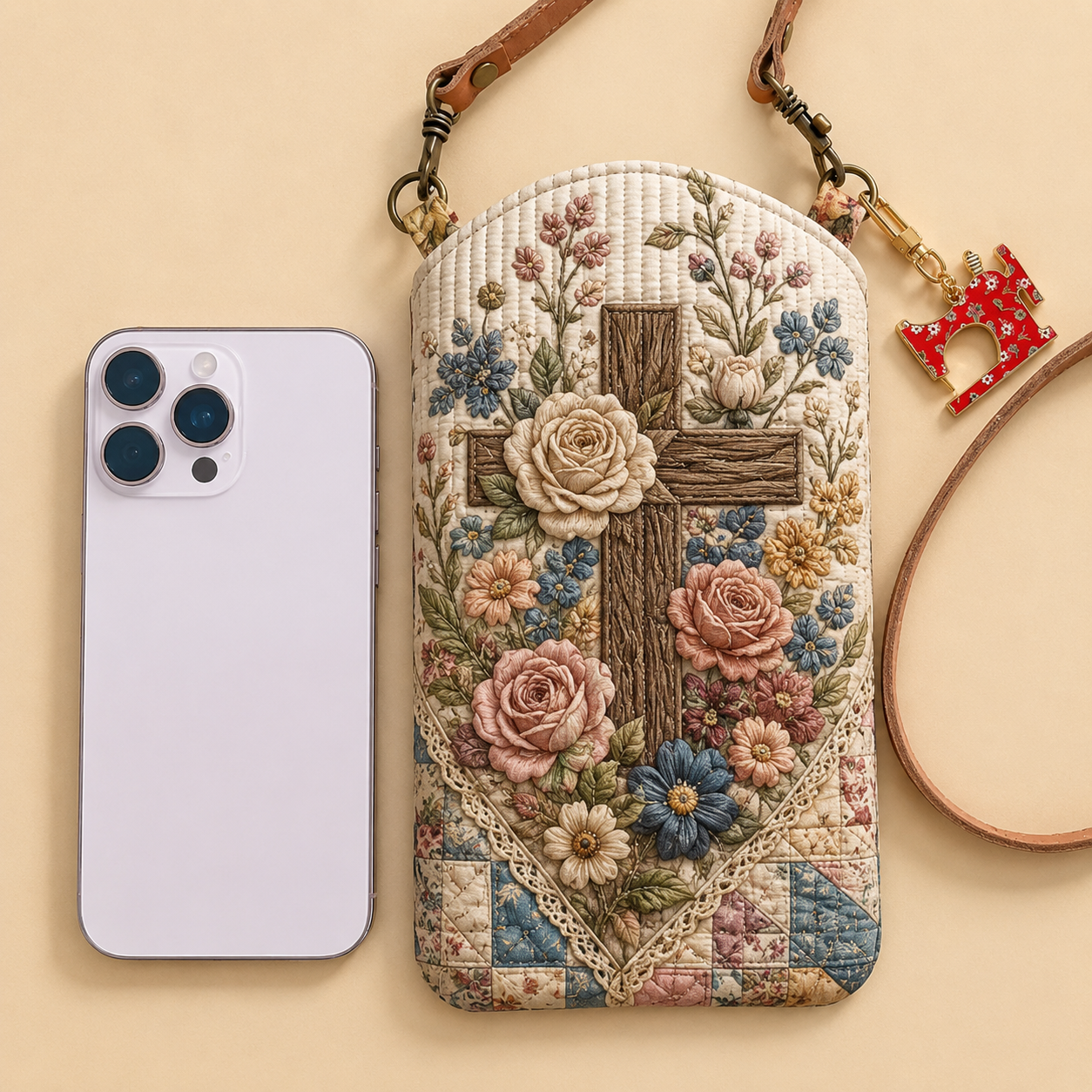 Floral Cross Quilt Quilted Slim Phone Crossbody Bag