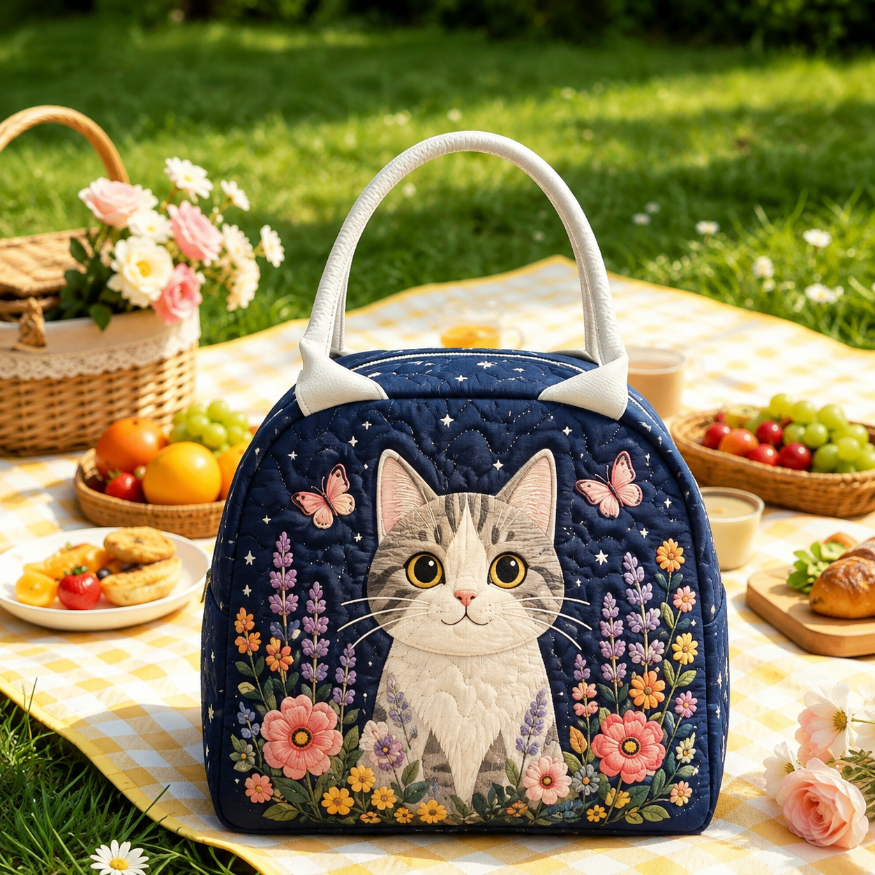 Tabby Cat Butterfly Garden Quilted Lunch Bag