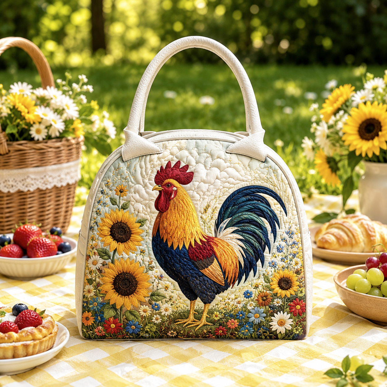 Sunflower Rooster Quilted Lunch Bag