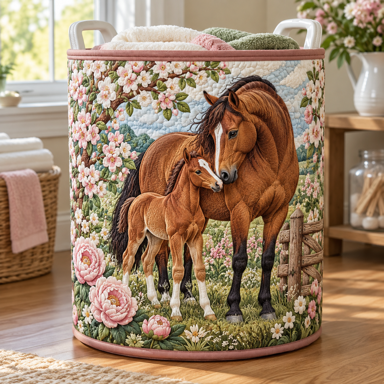 Mare & Foal Rose Garden Quilted Laundry Basket