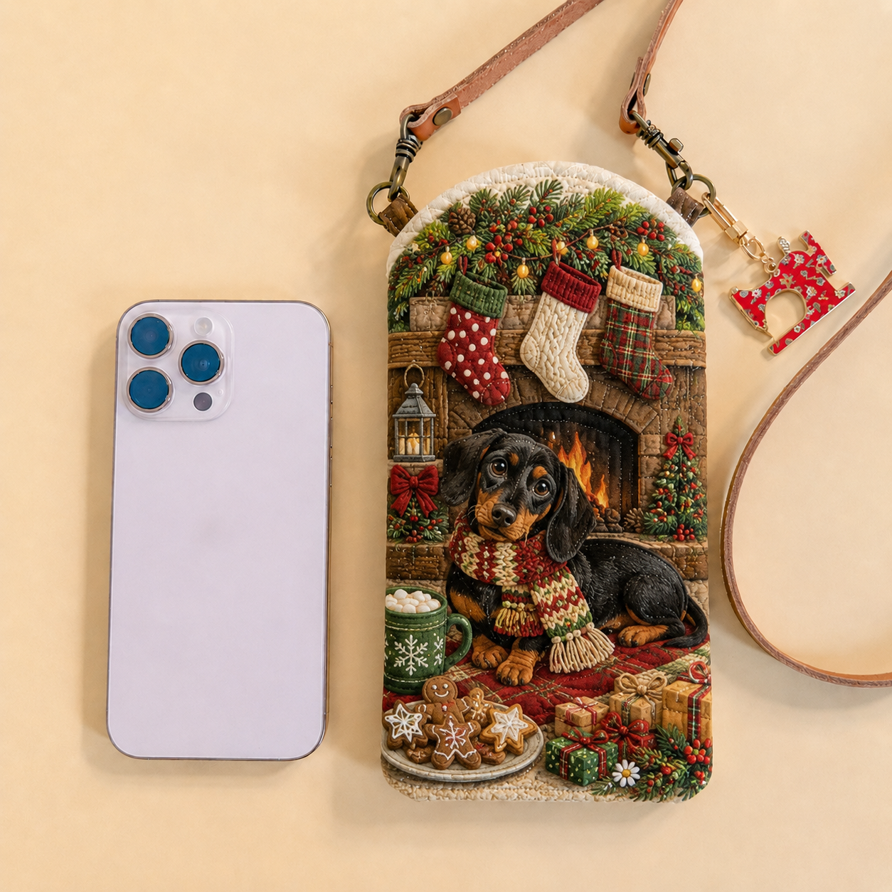 Dachshund Christmas Fireplace Quilted Slim Phone Crossbody Bag
