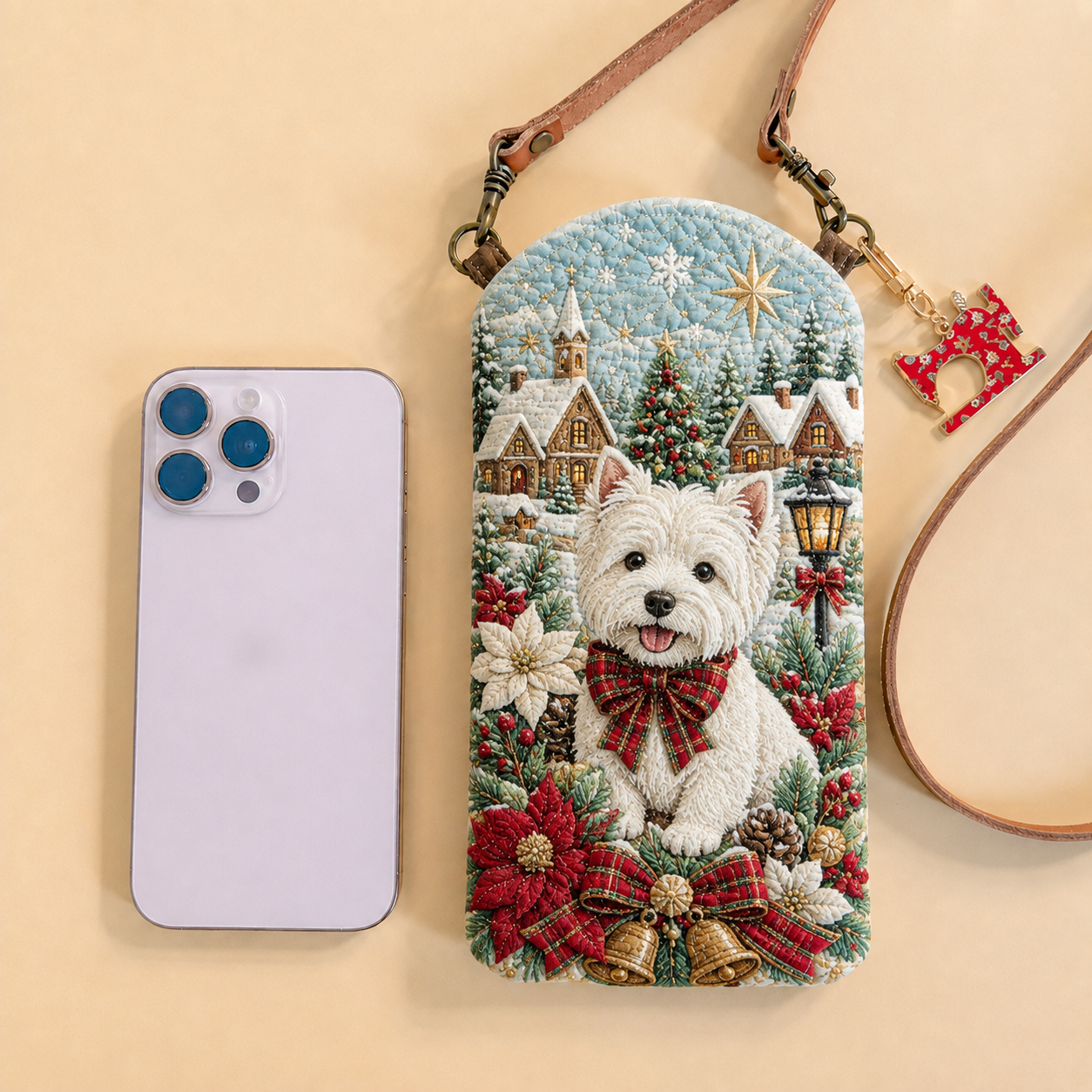Westie Snowy Christmas Village Quilted Slim Phone Crossbody Bag