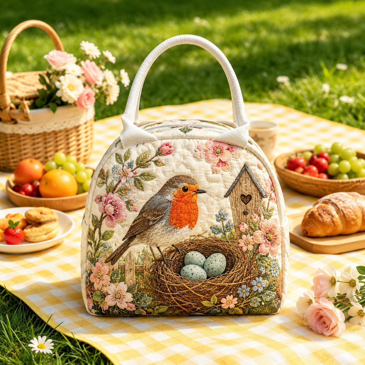 Robin Nest Floral Quilted Lunch Bag