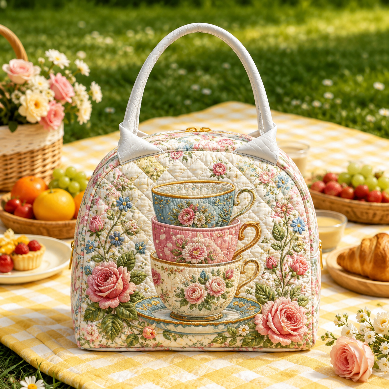 Floral Teacup Garden Quilted Lunch Bag