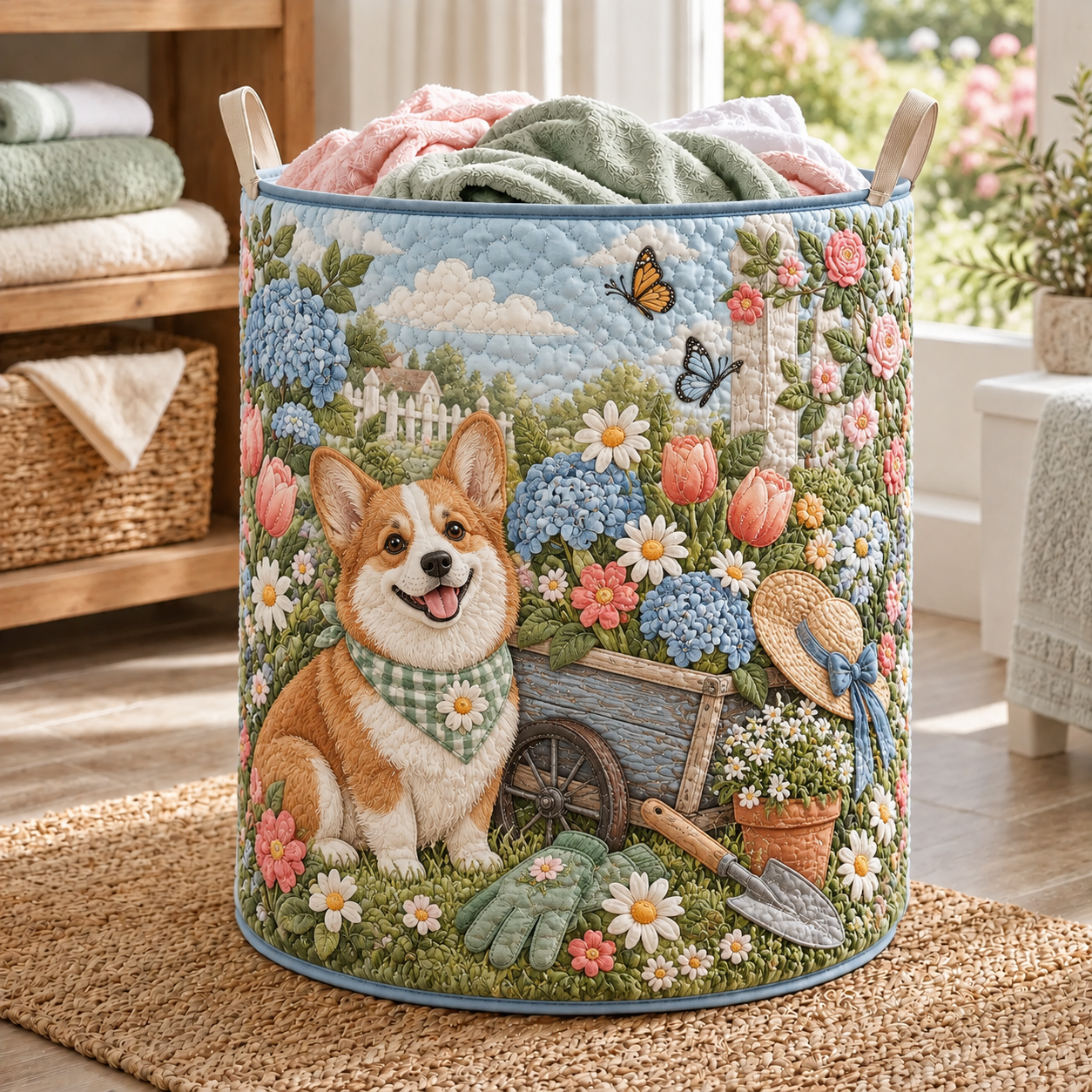 Corgi Flower Garden Quilted Laundry Basket