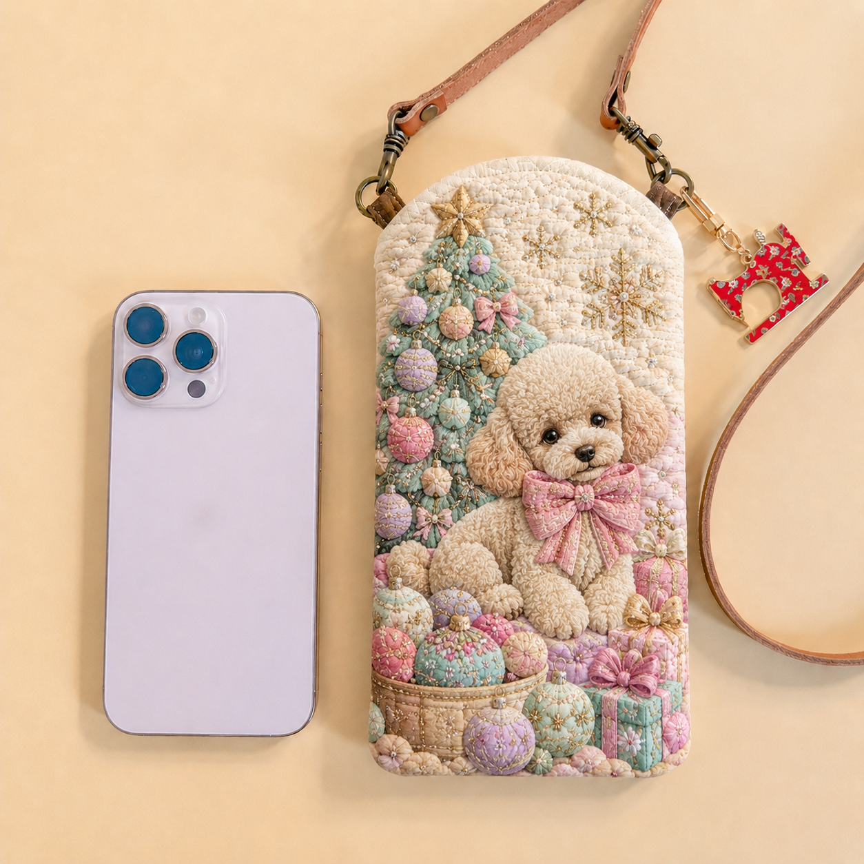 Pastel Poodle Christmas Ornaments Quilted Slim Phone Crossbody Bag