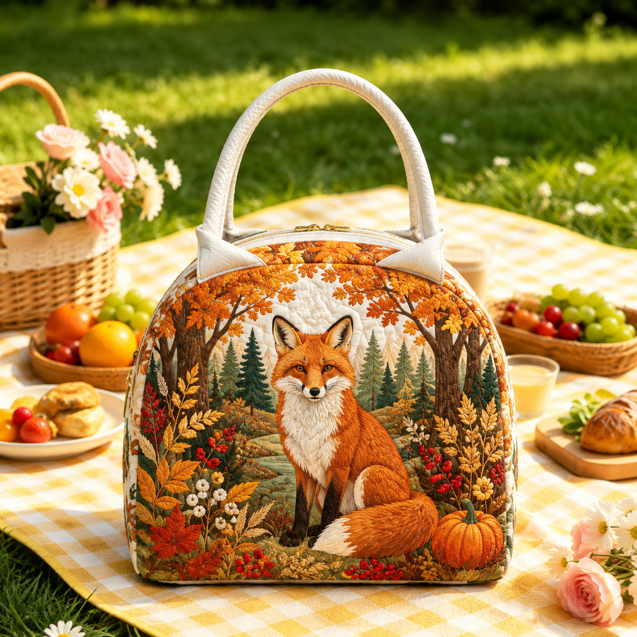 Autumn Fox Woodland Quilted Lunch Bag