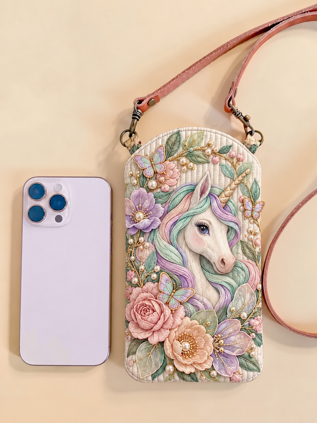 Pastel Rose Unicorn Garden Quilted Slim Phone Crossbody Bag