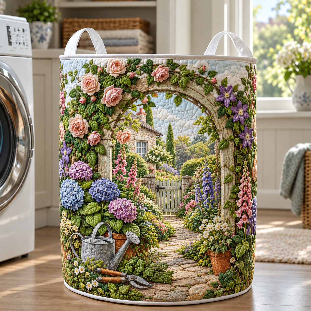 Rose Garden Archway Quilted Laundry Basket