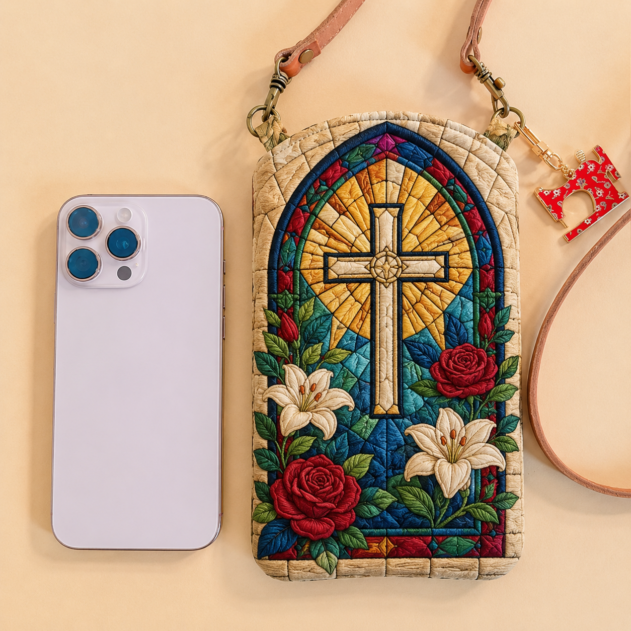 Stained Glass Cross Garden Quilted Slim Phone Crossbody Bag
