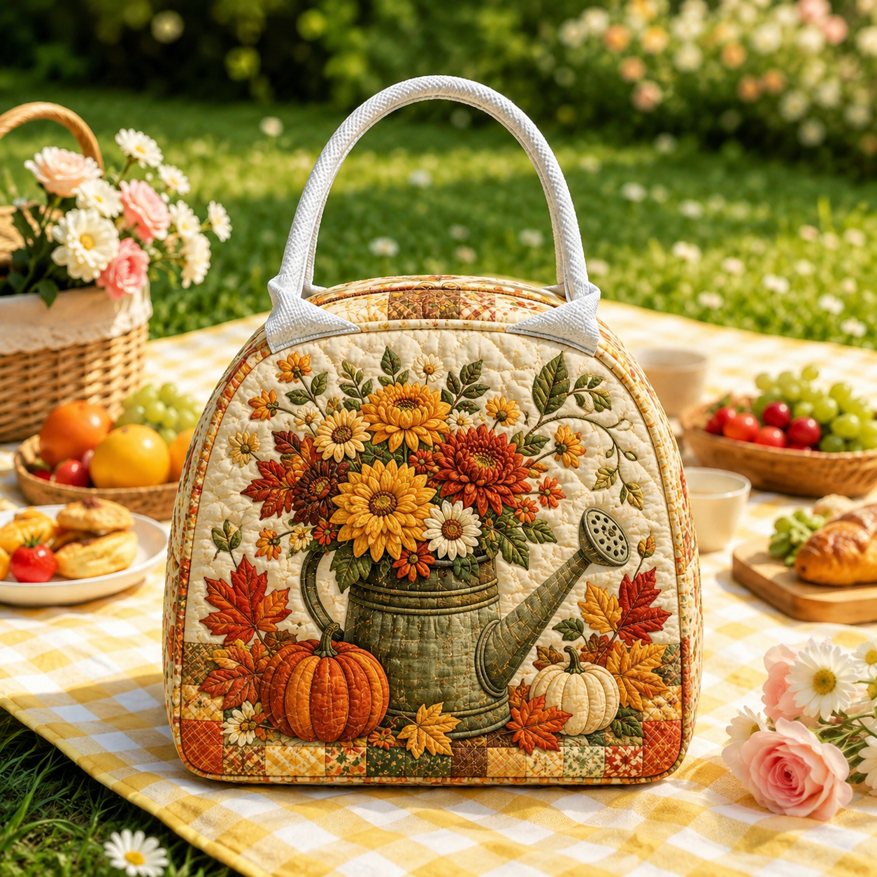 Autumn Watering Can Bouquet Quilted Lunch Bag