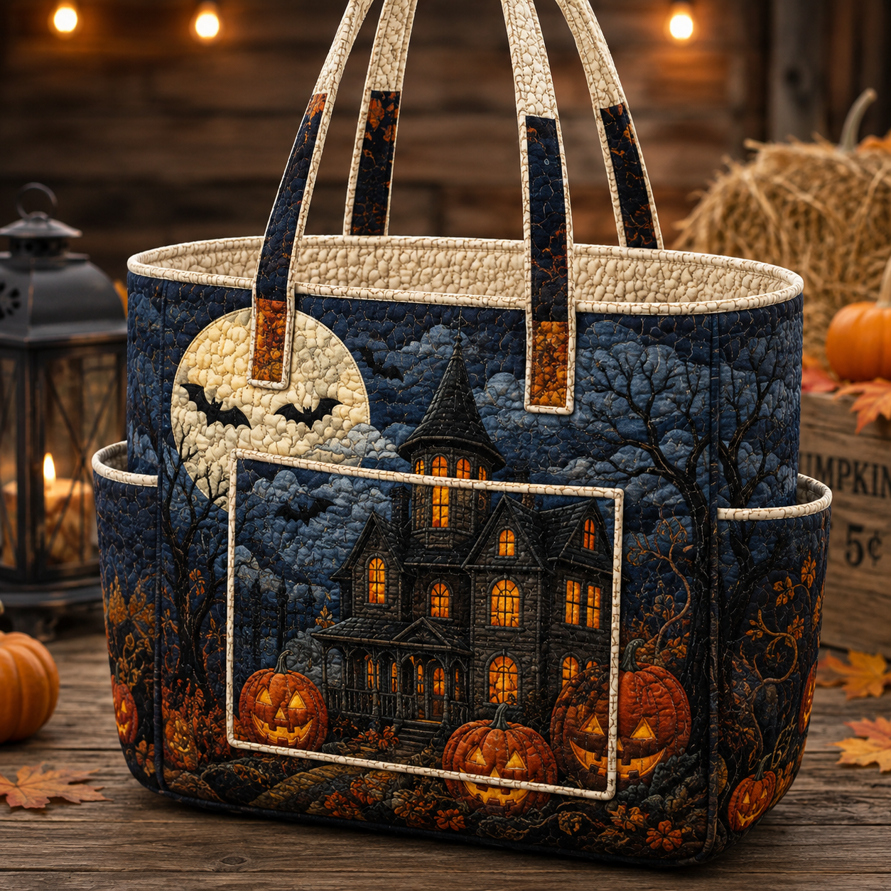 Haunted Castle Pumpkin Multiple Pockets Quilted Tote Bag