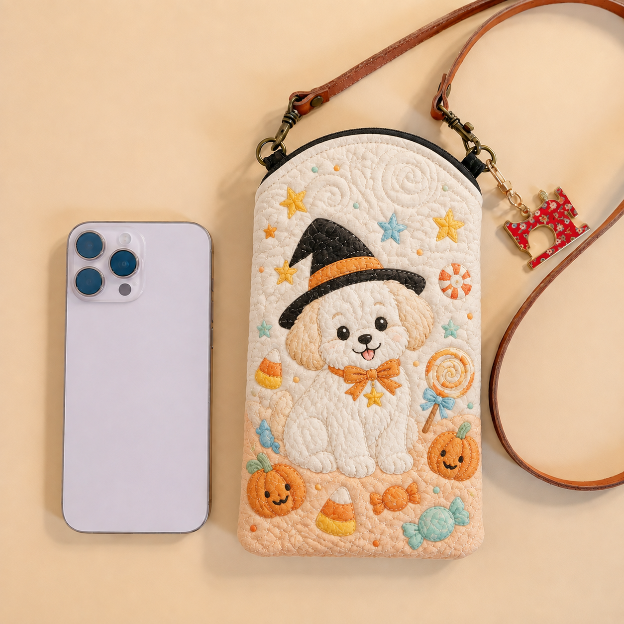 Witch Puppy Candy Treats Quilted Slim Phone Crossbody Bag