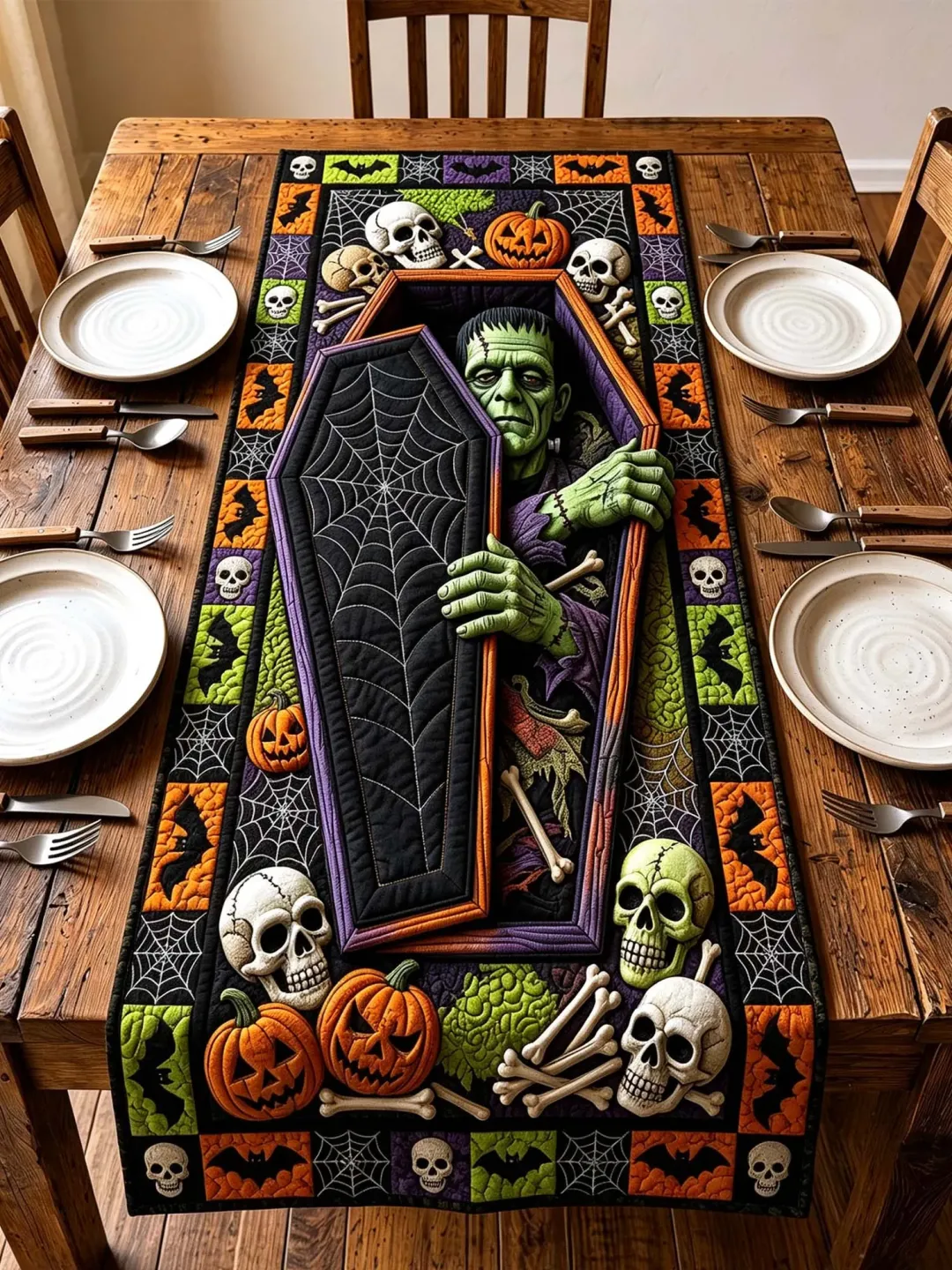 Frankenstein Coffin Quilted Table Runner – Spooky Halloween Dining Decor