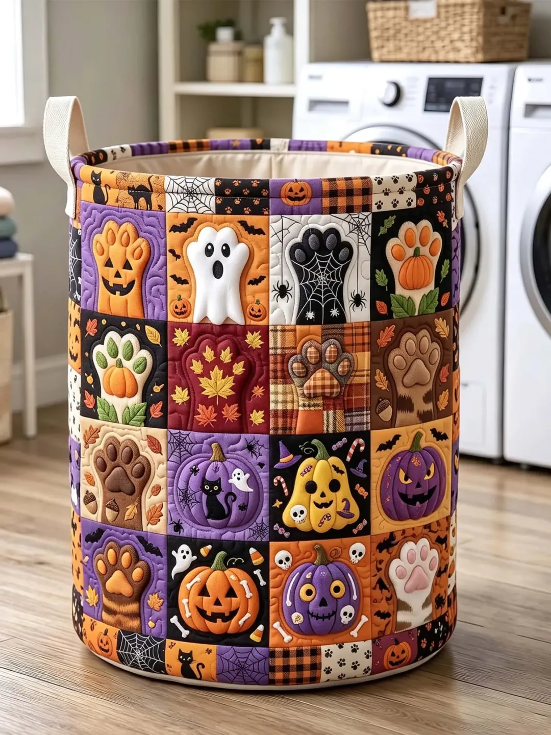Halloween Cat Paw & Pumpkin Quilted Laundry Basket with Handles