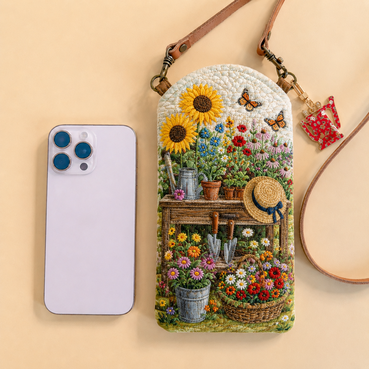 Sunflower Garden Workbench Quilted Slim Phone Crossbody Bag
