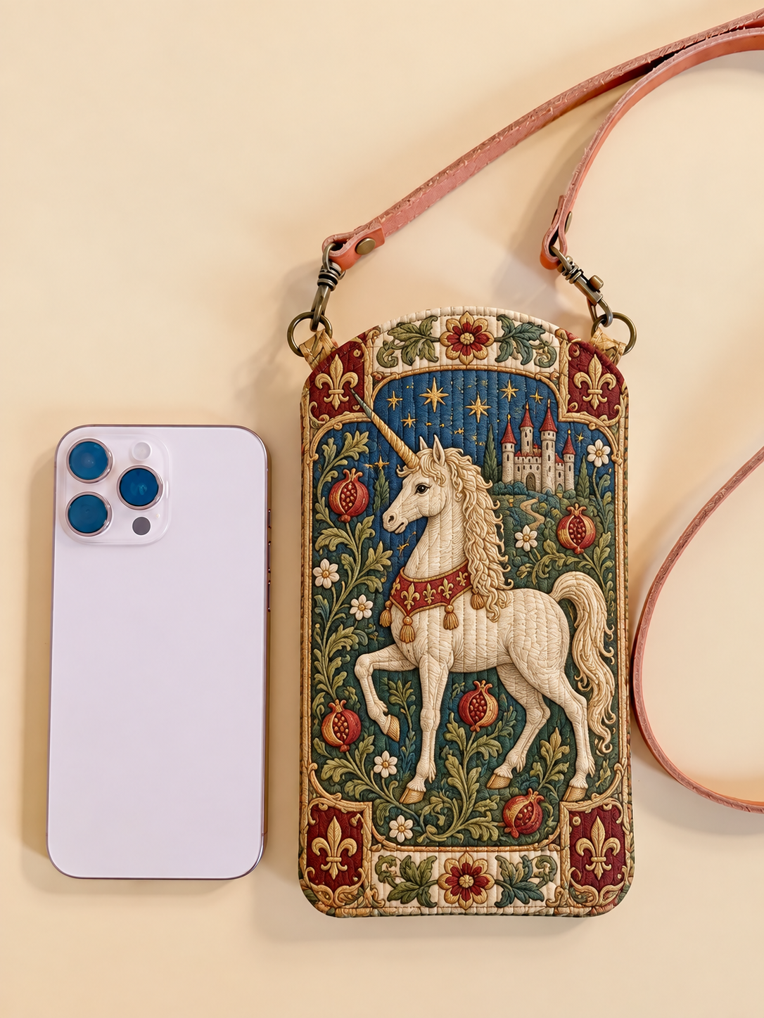 Vintage Tapestry Unicorn Quilted Slim Phone Crossbody Bag