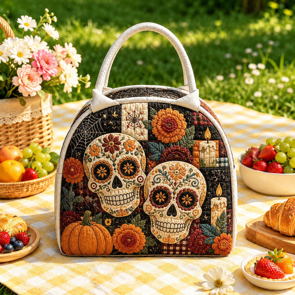 Floral Sugar Skull Quilted Lunch Bag