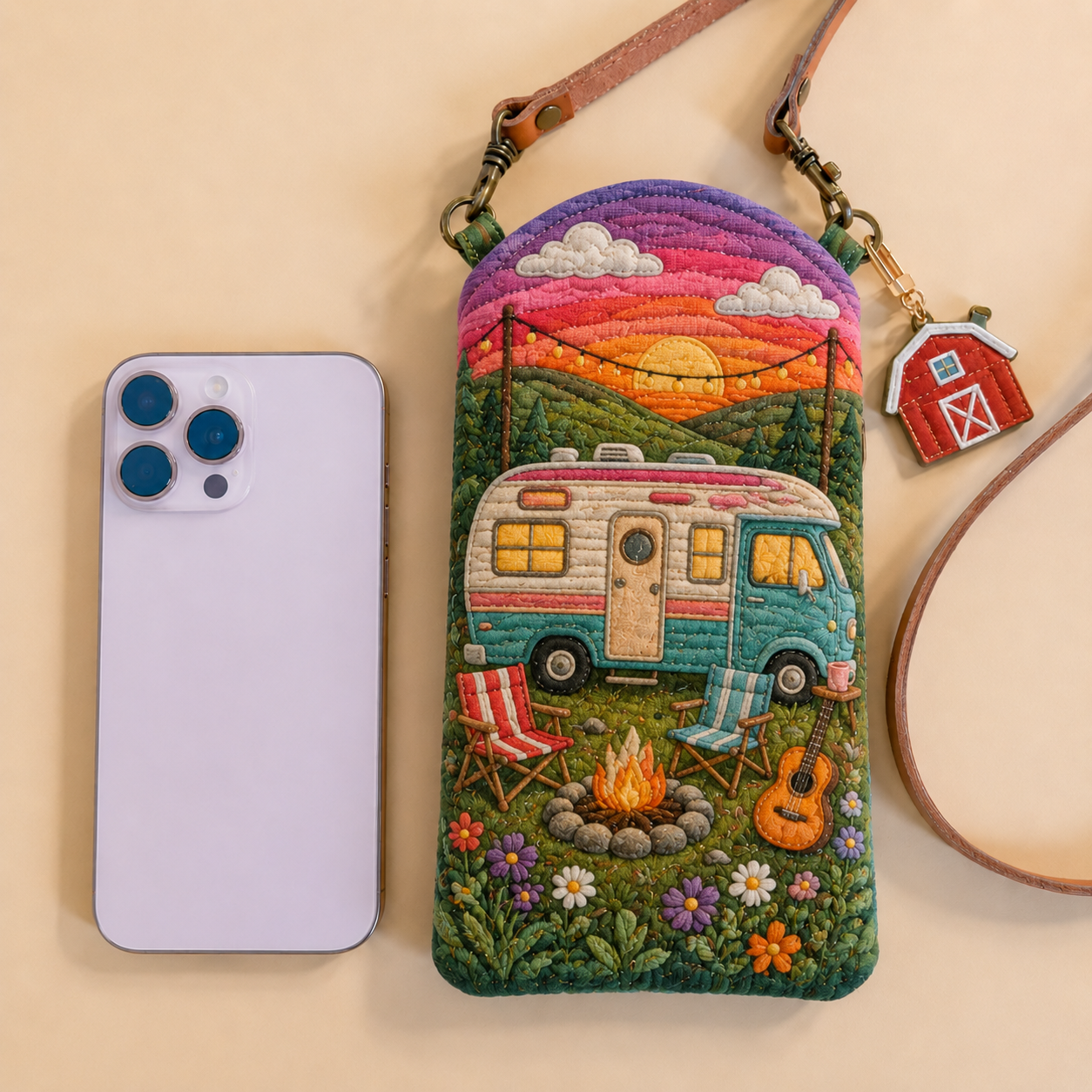 Retro RV Sunset Camping Quilted Slim Phone Crossbody Bag