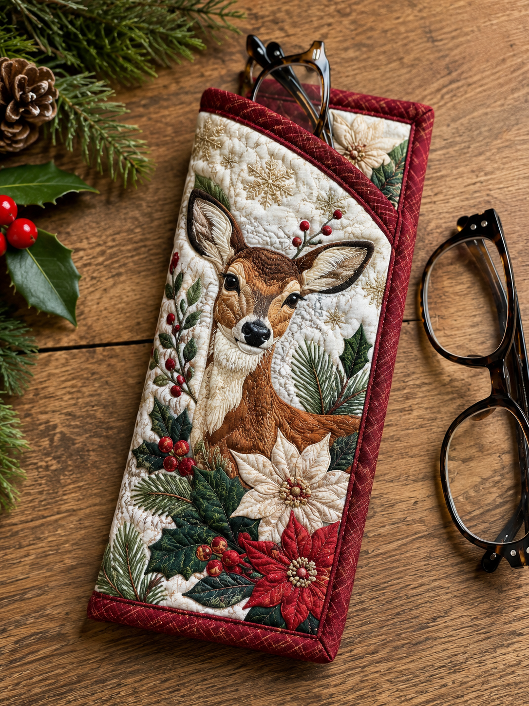 Christmas Deer & Poinsettia Quilted Eyeglass Case