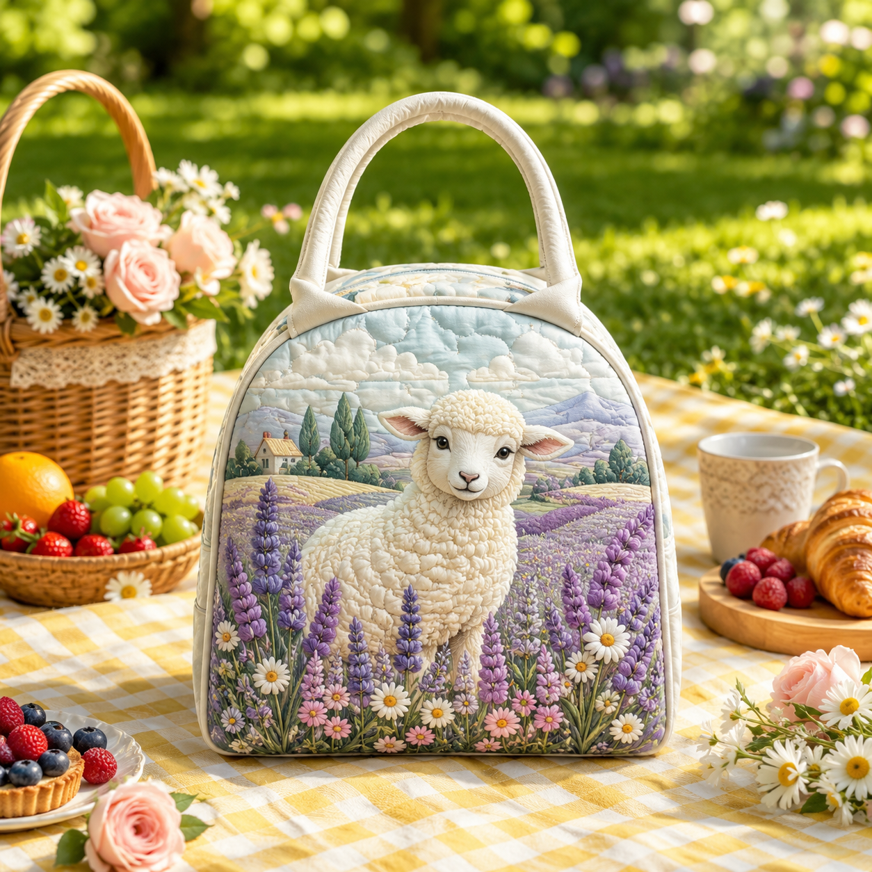 Lavender Lamb Field Quilted Lunch Bag