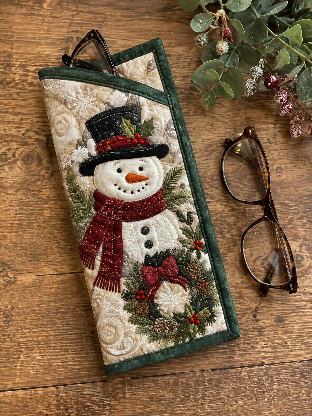 Snowman Wreath Holiday Quilted Eyeglass Case