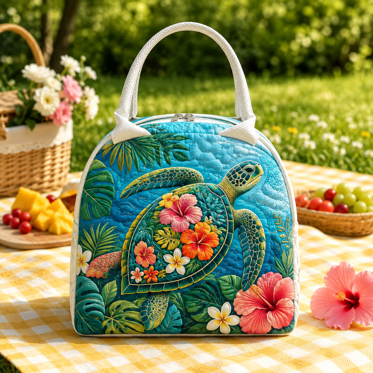 Tropical Floral Sea Turtle Quilted Lunch Bag