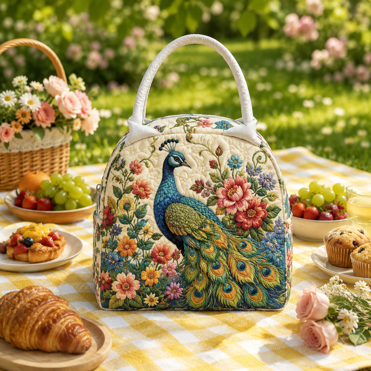Peacock Floral Garden Quilted Lunch Bag