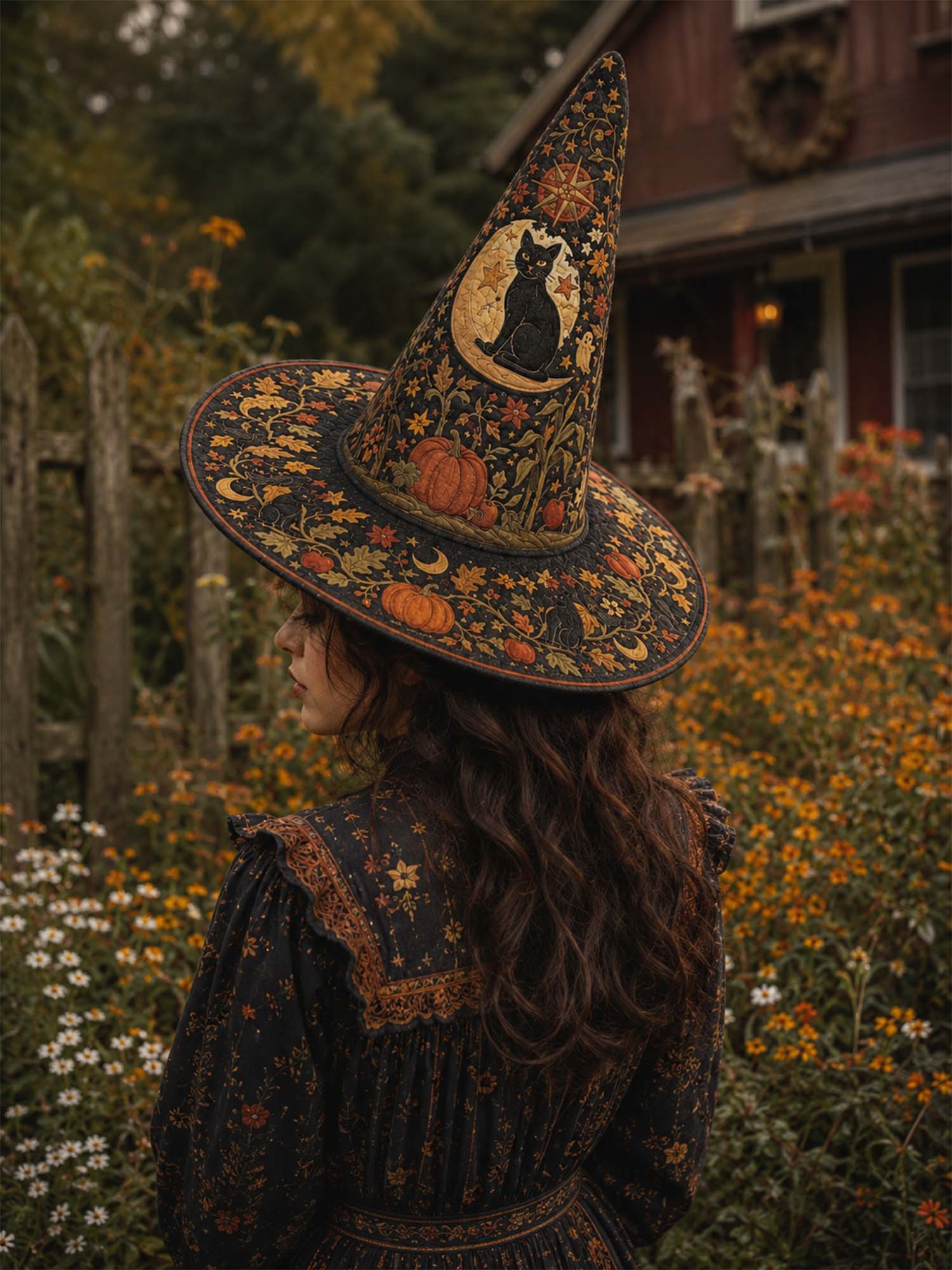 Black Cat Pumpkin Celestial Quilted Witch Hat