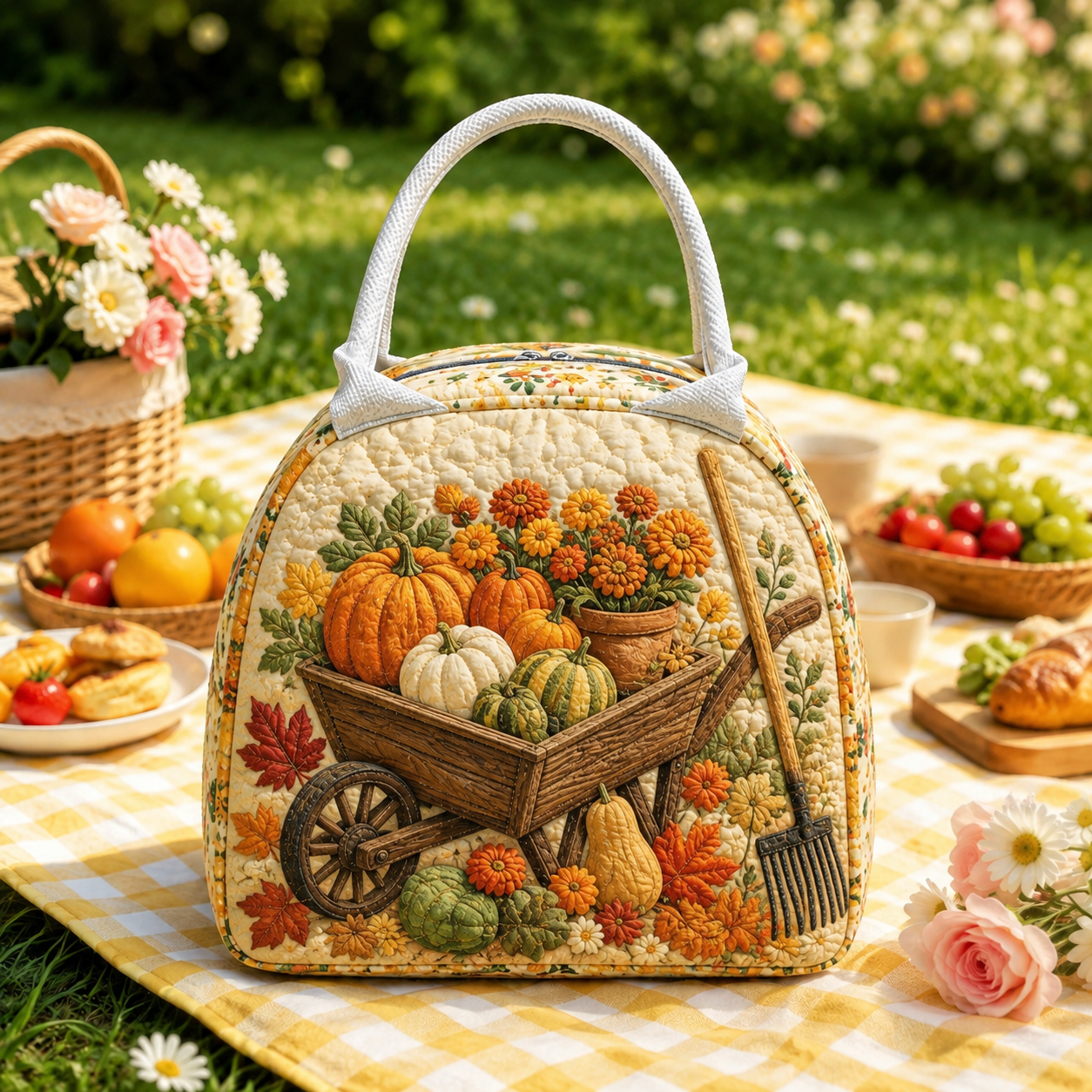 Pumpkin Wheelbarrow Garden Quilted Lunch Bag